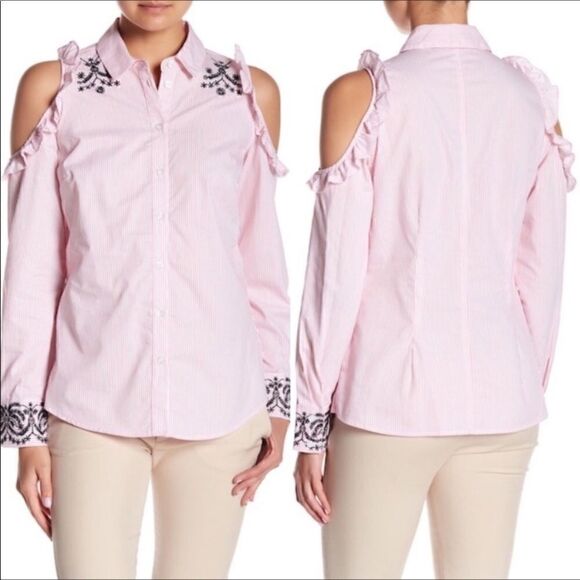 Nanette Lepore Striped Cold Shoulder Ruffle Shirt - Picture 4 of 7